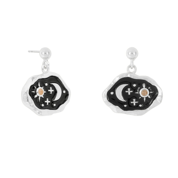 Midnight Scene Rose Quartz and Black Enamel Stud Silver