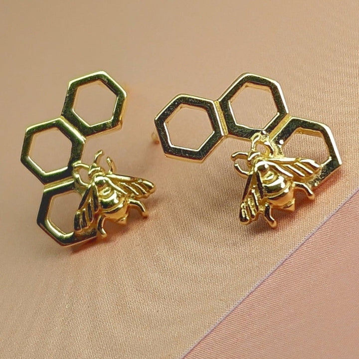 Bumble Bee Honeycomb Gold Stud Earrings
