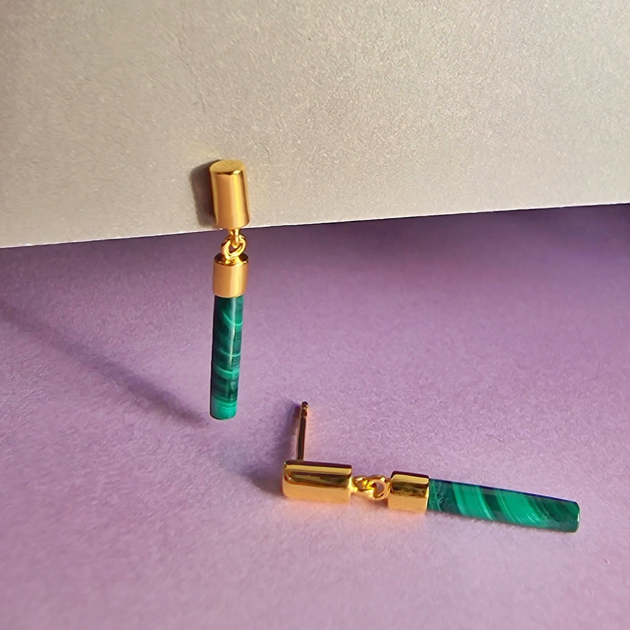 Malachite Drop Bar Gold Stud Earrings