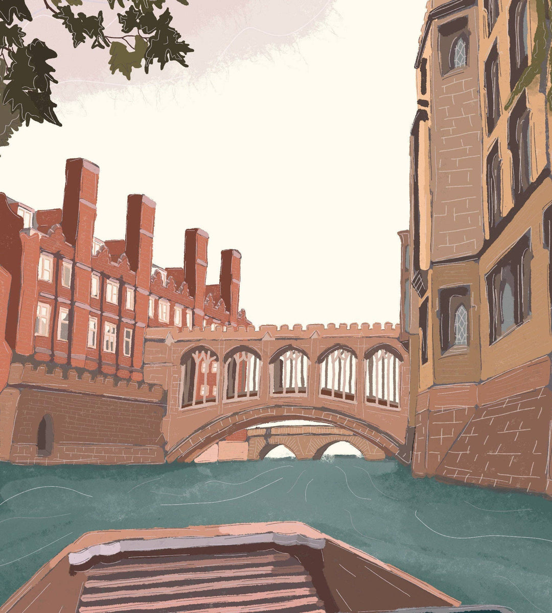 Cambridge England UK Art Print “Punting under the Bridge: A3