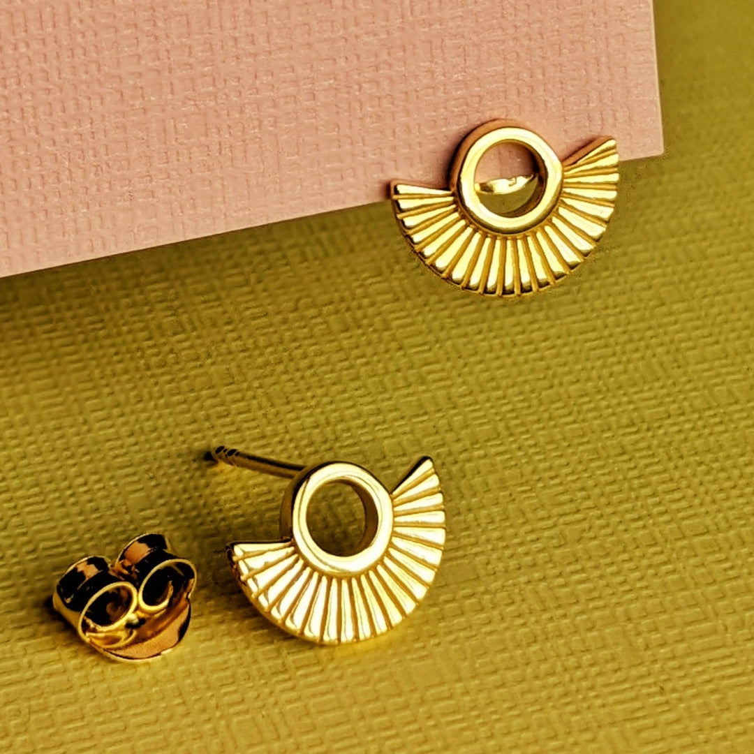 Art Deco Fan Gold Stud Earrings Vurchoo Jewellery 1090