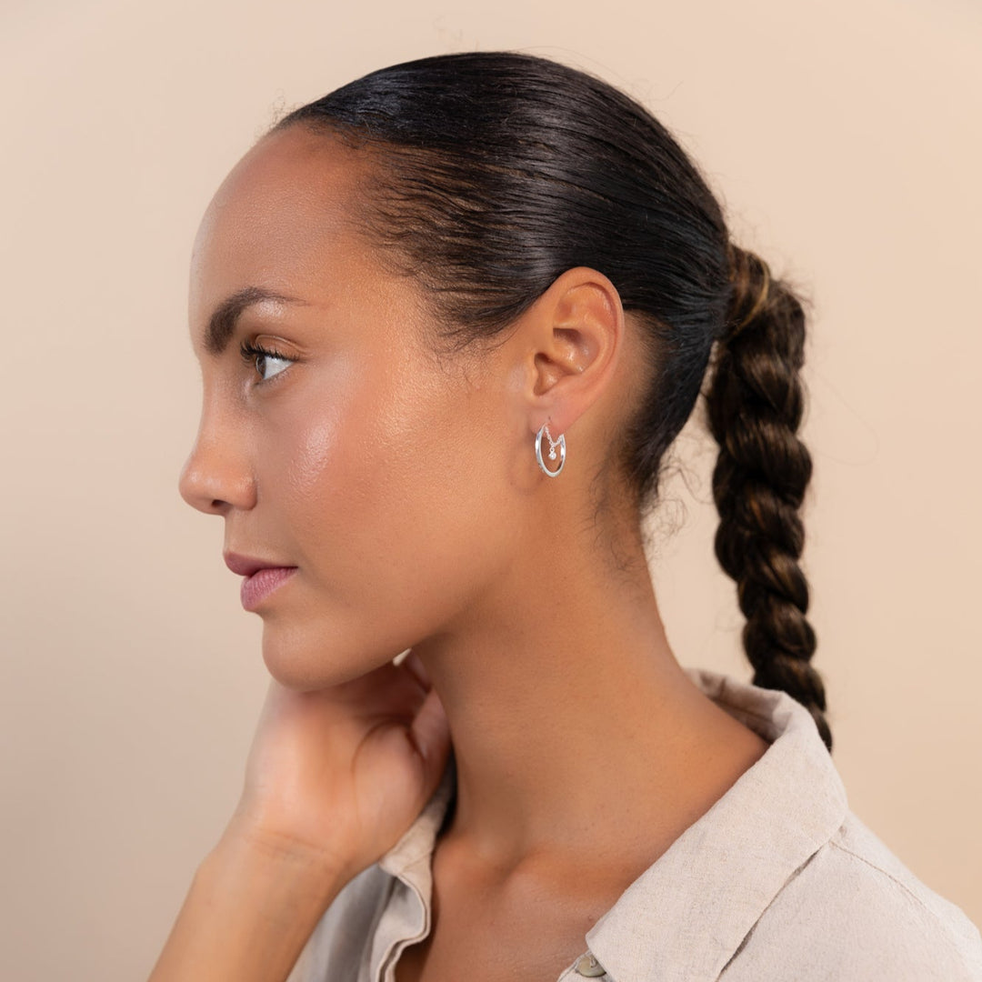Silver White Gem Chain Hoop Earrings