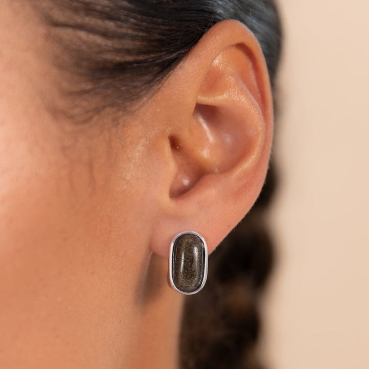 Black Obsidian Oval Earrings Silver