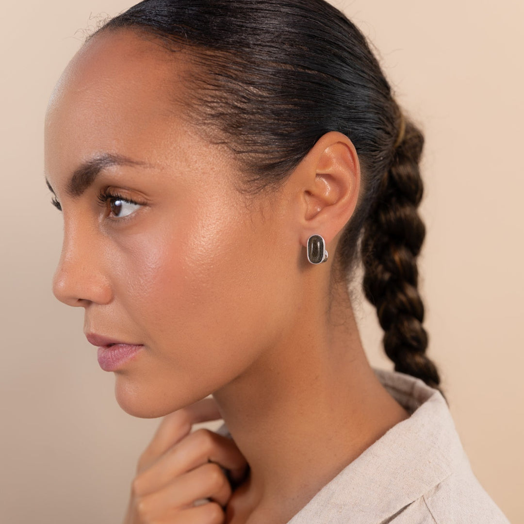 Black Obsidian Oval Earrings Silver