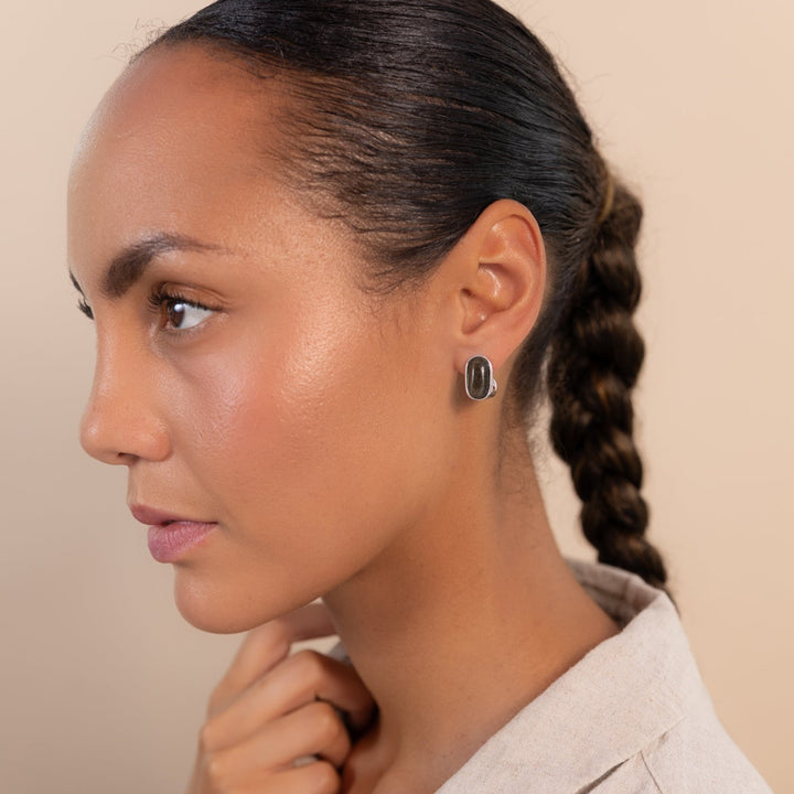 Black Obsidian Oval Earrings Silver