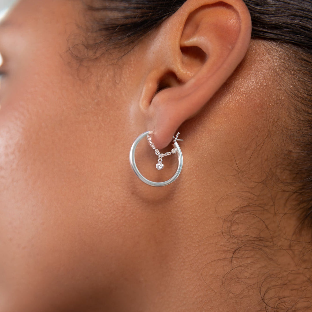Silver White Gem Chain Hoop Earrings