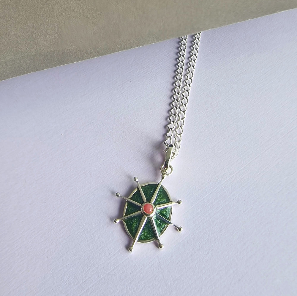 Pink Rhodonite and Green Enamel 8 Point Star Silver Necklace - Vurchoo Ethical Jewellery