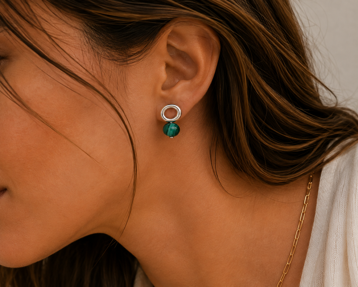 Malachite Silver Halo Earring