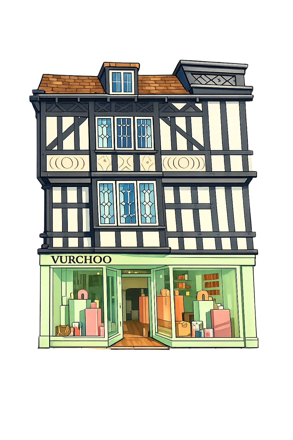 Illustration of a quaint store front with 'Vurchoo' branding