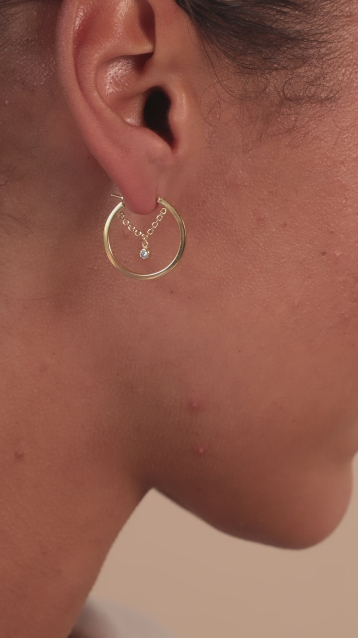 Gold White Gem Chain Hoop Earrings