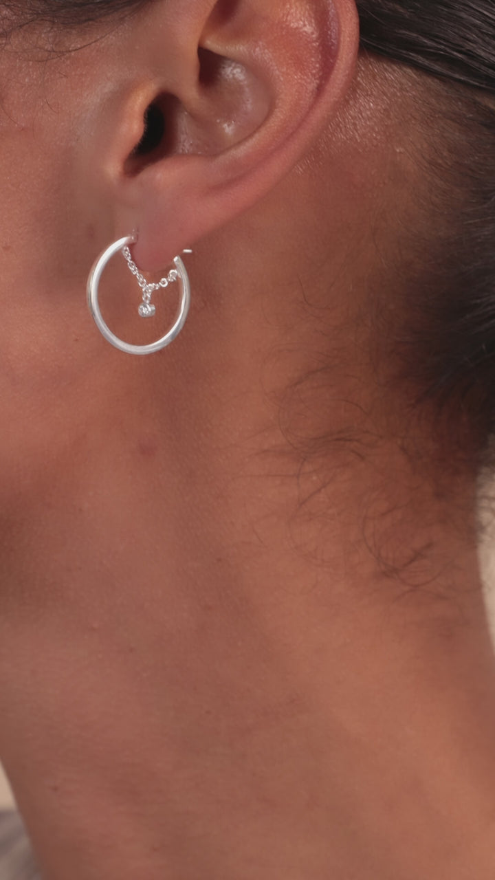 Silver White Gem Chain Hoop Earrings
