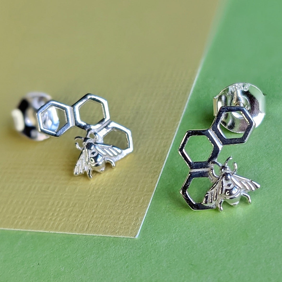 Bumble Bee Honeycomb Sterling Silver Stud Earrings