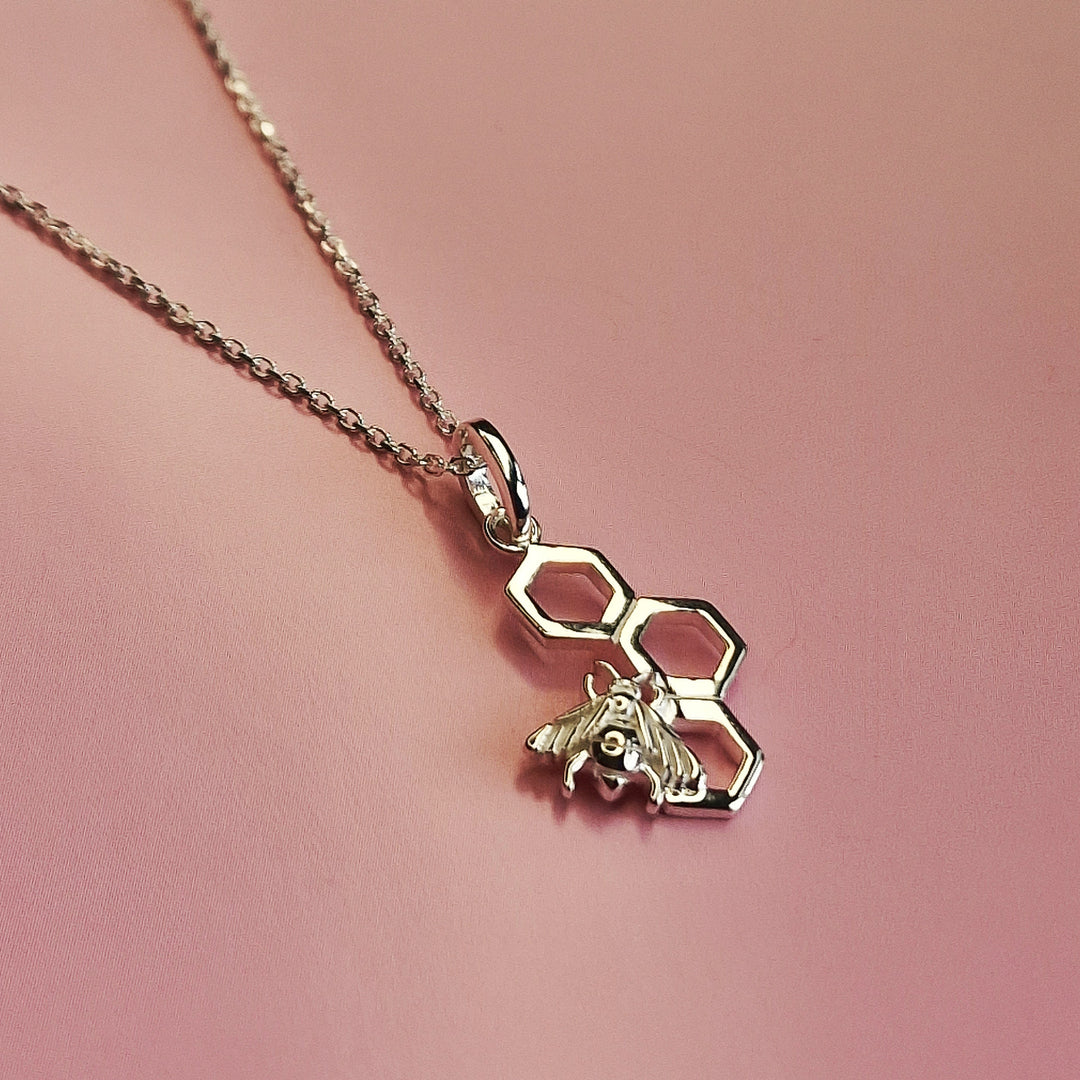 Bumble Bee Honeycomb Sterling Silver Necklace - Vurchoo Ethical Jewellery