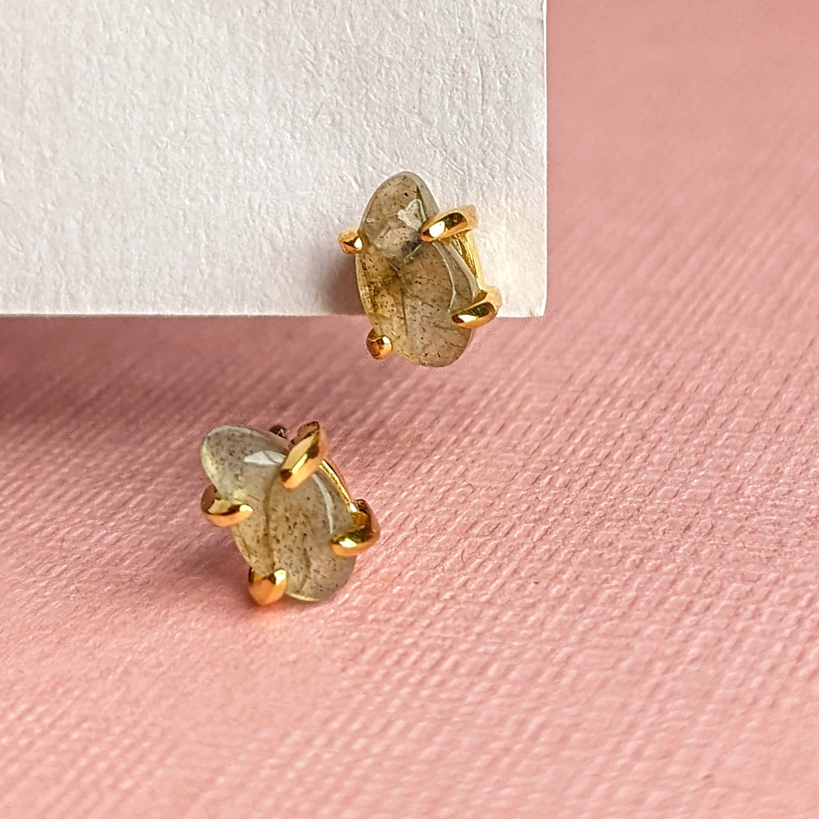 Gold Labradorite Droplet Stud Earrings